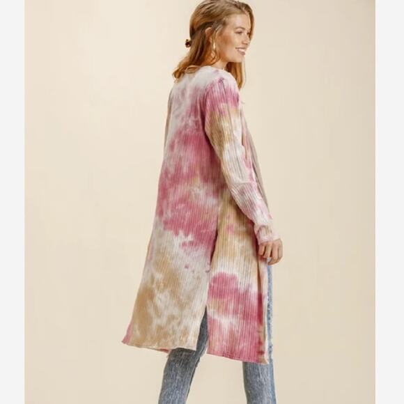 Umgee New Casual Tie Dye Duster Cardigan Small Long Line Ribbed Pockets Boho - Picture 2 of 13